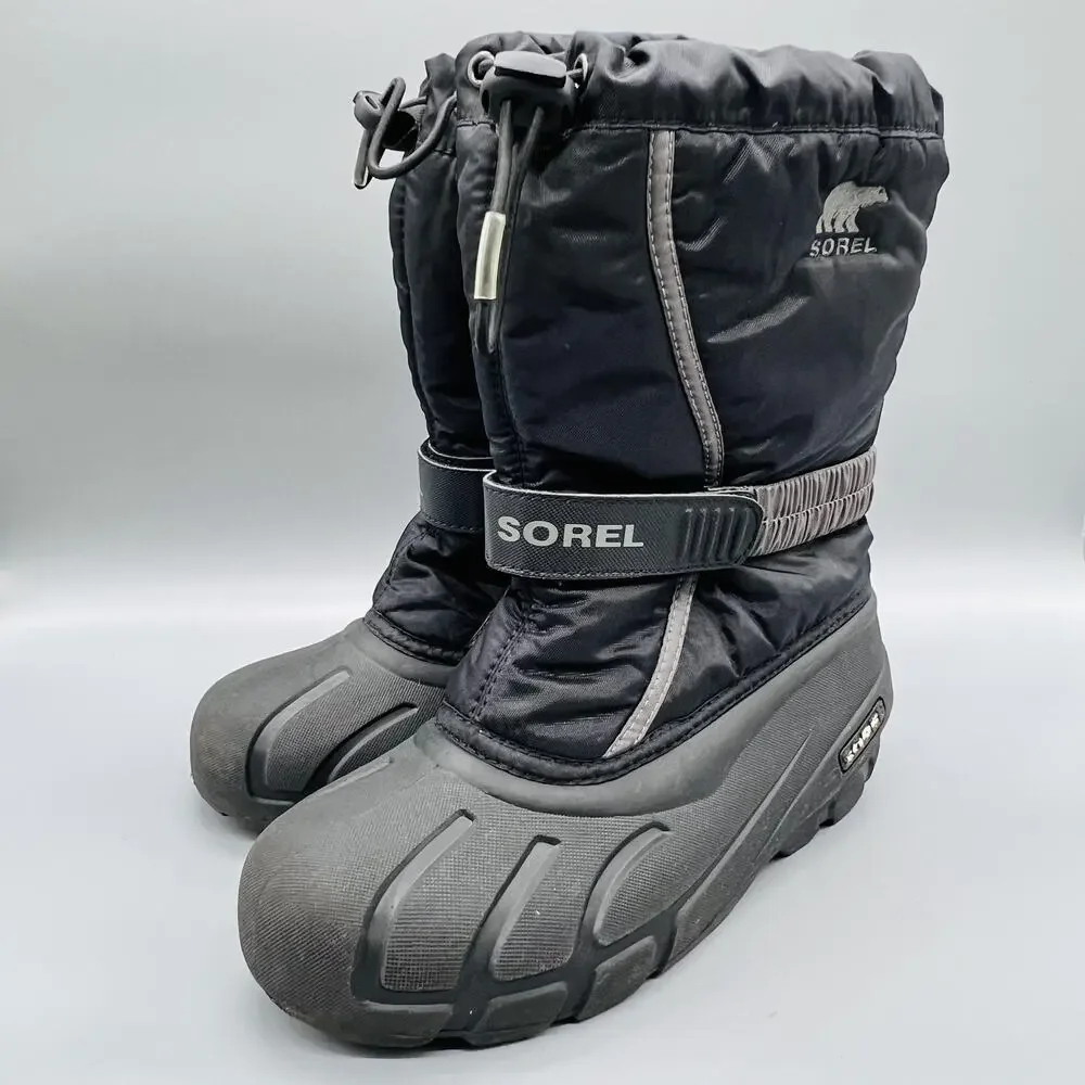 Sorel Boots Boys Girls 5 Black Mid Calf Hook & Loop Waterproof Snow Winter Shoes